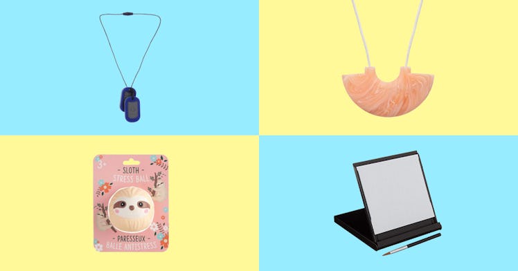 Four stress-relief toys set against a blue-and-yellow background