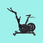 The Echelon EX3 Smart Connect Fitness Bike for high-tech at-home workouts, on a turquoise background...
