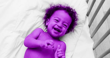 purple edit of baby laughing and laying down in a crib