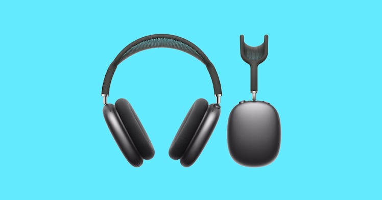 The new Apple AirPods Max on-ear headphones, set against an aqua background