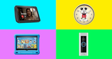 Four Amazon Alexa devices set against a multicolored backgorund