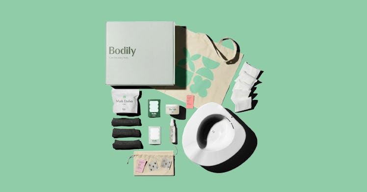 Postpartum kit by the brand Bodily, set against a green background