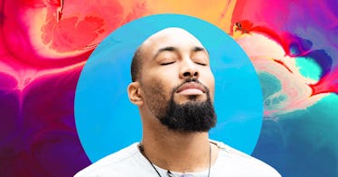 bald man taking deep breath isolated on colorful painted background