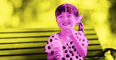 yellow and pink photo edit of a girl on park bench eating ice cream and laughing at a food joke puns
