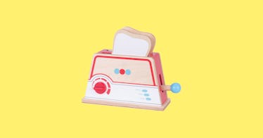 a play food set includes a toaster and slice of bread