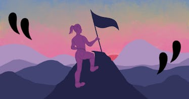 motivational quotes for kids, depicted by kid climbing to the top of a mountain peak, surrounded by ...