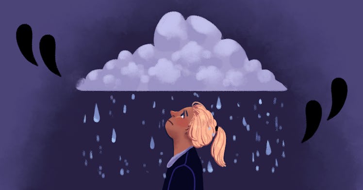 illustration of a kid in the rain looking up positively despite a dark cloud looming over her head
