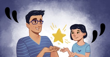 inspirational quotes for kids, depicted by an illustration of a parent holding a star with a child, ...