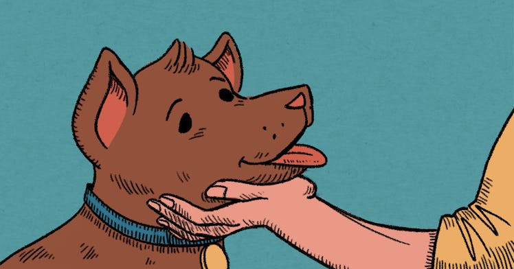 An illustration of a hand petting a brown dog