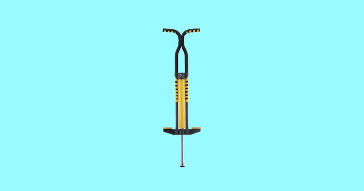 a yellow and black pogo stick, set against an aqua background, one of the 12 timeless toys that work...