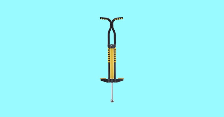 a yellow and black pogo stick, set against an aqua background, one of the 12 timeless toys that work...