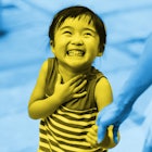 a kid holding hands with an adult and giggling at tongue-twisters, set against a blue-tinted backgro...