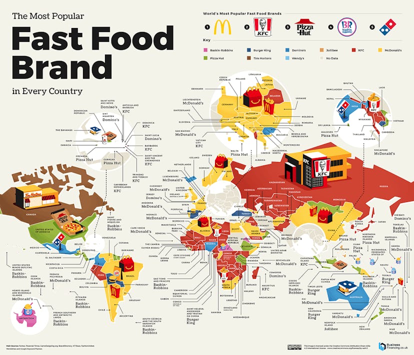 A map showing most popular fast food brands in every World country