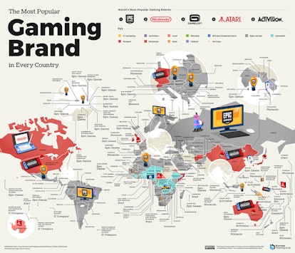 A map showing most popular gaming brands in every World country