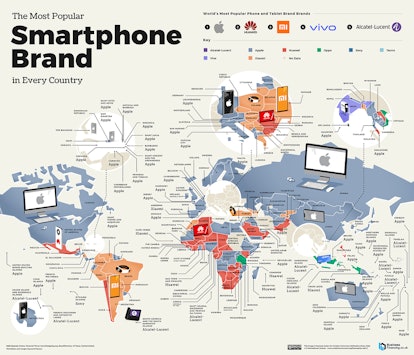 A map showing most popular smartphone brands in every country