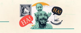 photo collage of a bad pun loving dad with his daughter, framed by a hamster wearing a crown and a f...