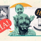 photo collage of a bad pun loving dad with his daughter, framed by a hamster wearing a crown and a f...