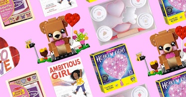 cut-out images of the best Valentine's Day gifts for babies, toddlers, and kids displayed on a pink ...