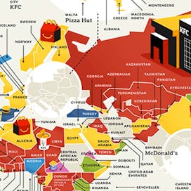 A map showing the most popular fast food in every Asian, European, and African country