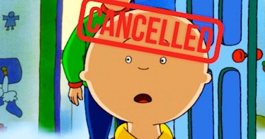 Caillou in his room with the word "Cancelled" stamped above his head.