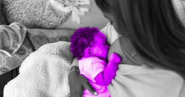 greyscale edit of mom cluster feeding purple tinted newborn