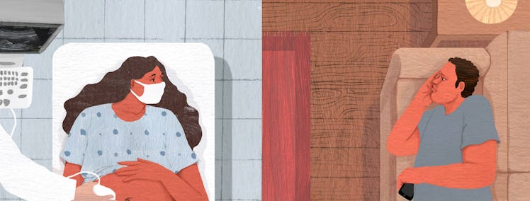 An illustration of a pregnant woman in her second-trimester and her husband lying next to her