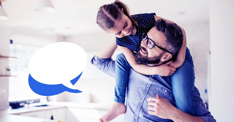 7-year-old girl on her dad's shoulders with blue and white speech bubble