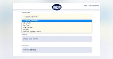 The gender pronouns form on WhiteHouse.gov
