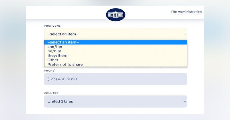 The gender pronouns form on WhiteHouse.gov