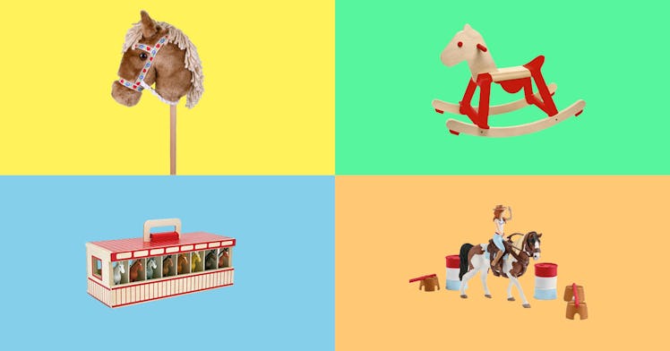 four horse toys pictured against a multicolored back drop