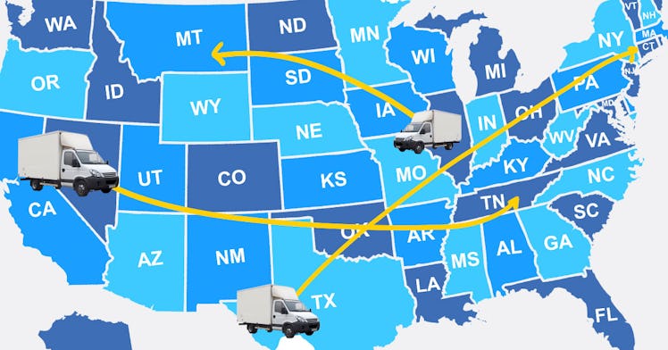 A map with moving vans driving across the country