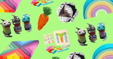 collage of montessori toys on lime green background