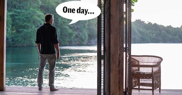 Daniel Craig as James Bond 007 standing next to a lake and saying "one day..."