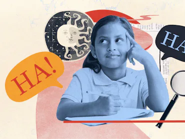 Photo collage of a girl with a pencil in hand solving tricky riddles next to a spyglass.