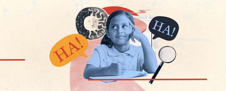 Photo collage of a girl with a pencil in hand solving tricky riddles next to a spyglass.