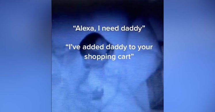 A baby chats with an Alexa device to get their dad back in the room
