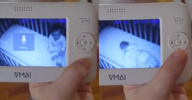 A baby gets caught faking naptime on baby monitor