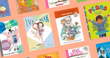 several of the best chapter books for kids are displayed on a pastel backdrop