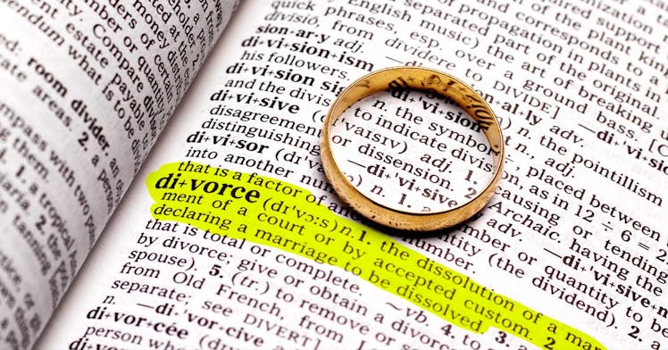 a close up shot of a ring on a dictionary with the mean of divorce highlighted