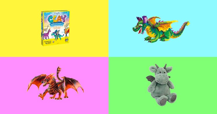 The best dragon toys for kids, including dragon stuffed animals and realistic dragons, set against a...