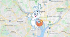 the easter bunny tracker is depicted by a bunny holding a basket of easter eggs, set against a googl...