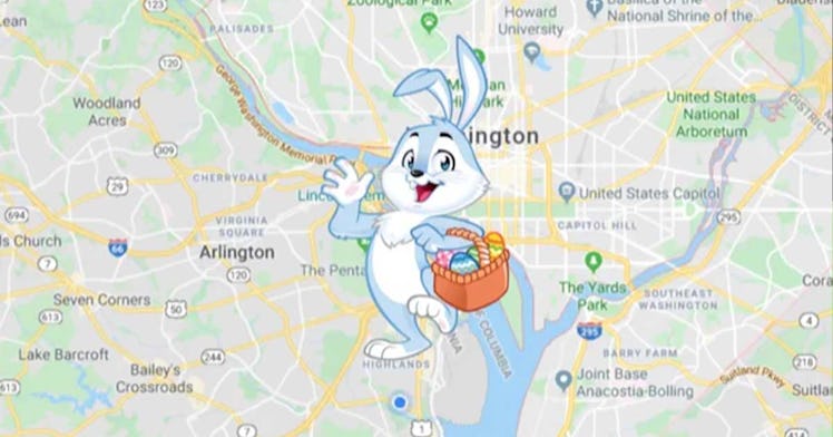 the easter bunny tracker is depicted by a bunny holding a basket of easter eggs, set against a googl...