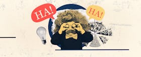 A photo collage of a child dressed as Einstein looking through a pair of binoculars, with a math rid...