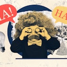 photo collage of a child dressed as Einstein looking through a pair of binoculars, with a math riddl...