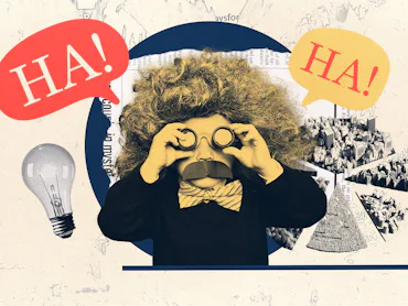 A photo collage of a child dressed as Einstein looking through a pair of binoculars, with a math rid...
