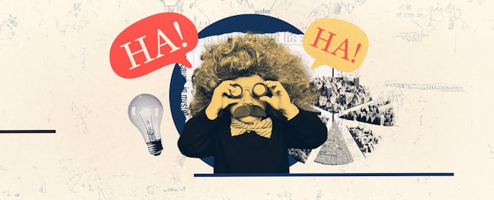 A photo collage of a child dressed as Einstein looking through a pair of binoculars, with a math rid...