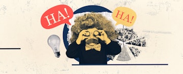 A photo collage of a child dressed as Einstein looking through a pair of binoculars, with a math rid...