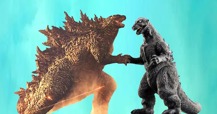 Two Godzilla vs. Kong toys staged as if they are fighting