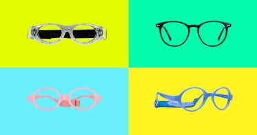 Kids' glasses and kids' sports glasses set against a multi-colored background.