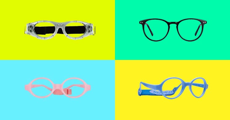 Kids' glasses and kids' sports glasses set against a multi-colored background.